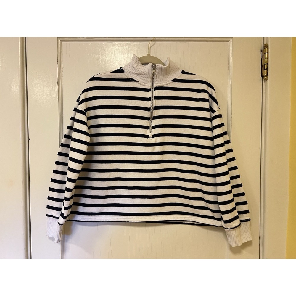 Sweatshirt Pullover 1/4 Zip Blue/White Stripe Sz M Nautical Coastal Vacay Preppy